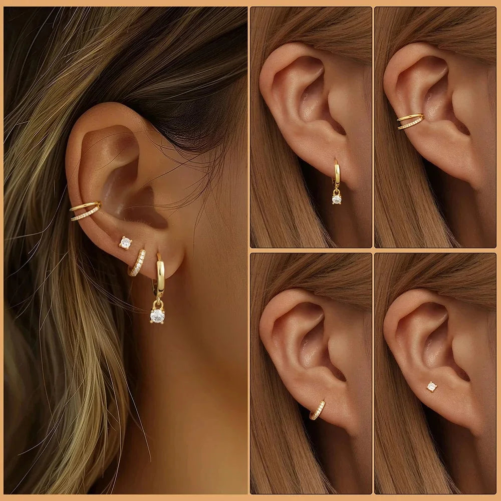 4PCS Trendy Gold Color Huggie Hoop Earrings Set for Women Tiny CZ Ear Cuff Studs Hypoallergenic Cartilage Piercing Jewelry