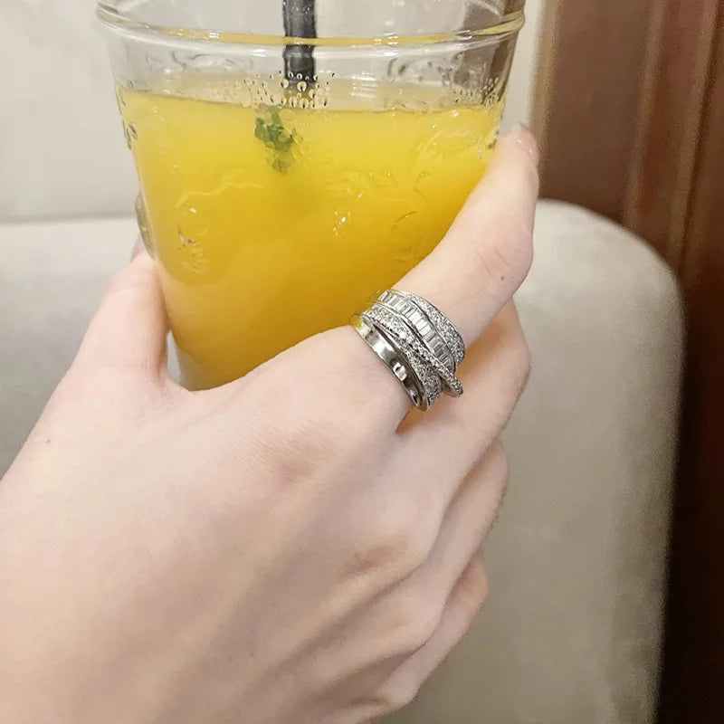Korea New Fashion Jewelry Exquisite Silver Color Zircon Ring Elegant Women's Opening Adjustable Wedding Gift Luxury Accessory