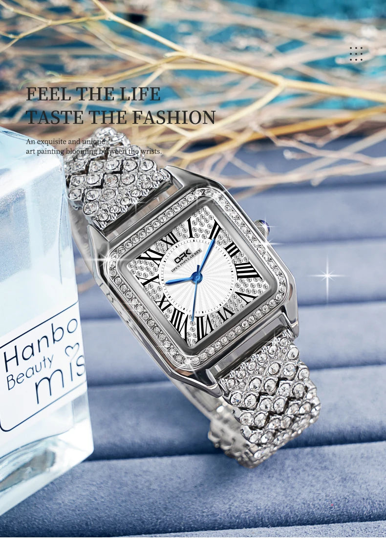 OPK brand full diamond waterproof Roman scale steel belt ladies quartz watch 8619