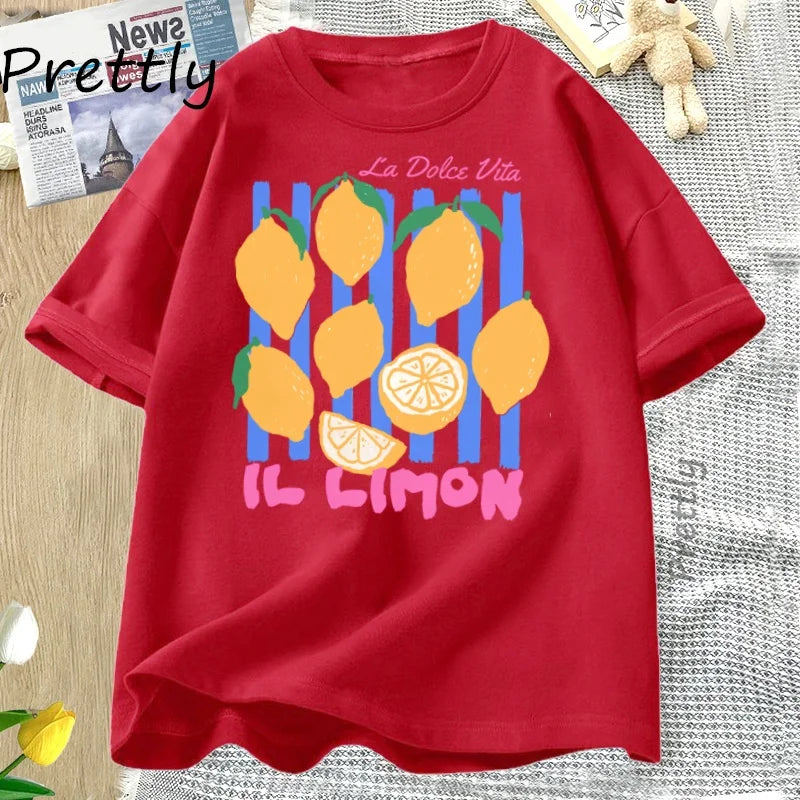 Lemon Tshirt Italian Summer Fruit T Shirt Cotton Short Sleve Loose Tshirt Women Ladies Vintage Graphic Tees Aesthetic Clothes