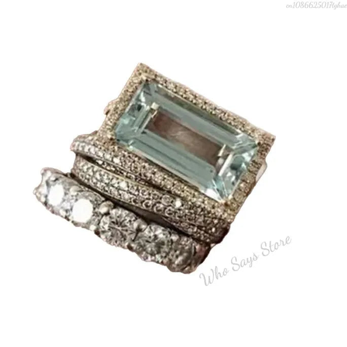 2025 New Fashion Three Piece Set Blue Square Zircon Rings For Women Party Idea Gifts Custom Jewelry