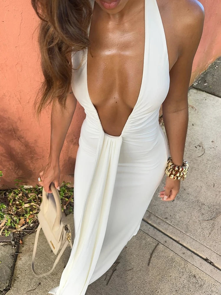 Deep V Neck Halter Long Dress Female Elegant Ruched Ribbon Splice Summer New Vacation Dress Sexy Slim Sleeveless Party Vestido