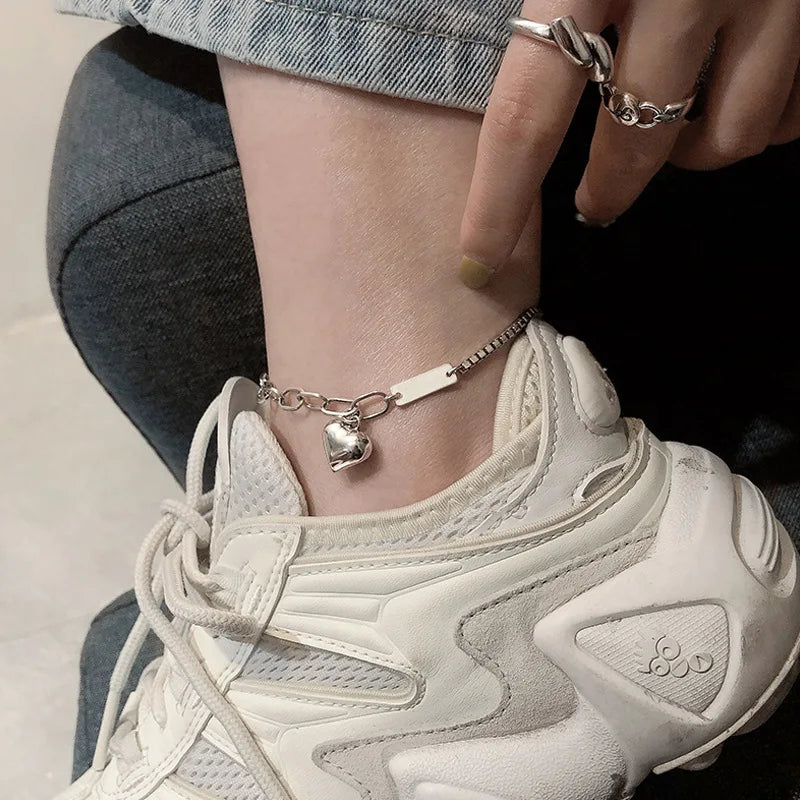 New 925 Sterling Silver Heart-Shaped Anklet Personality Charm Geometric Shape Anklet Birthday Gift for Women Exquisite Jewelry