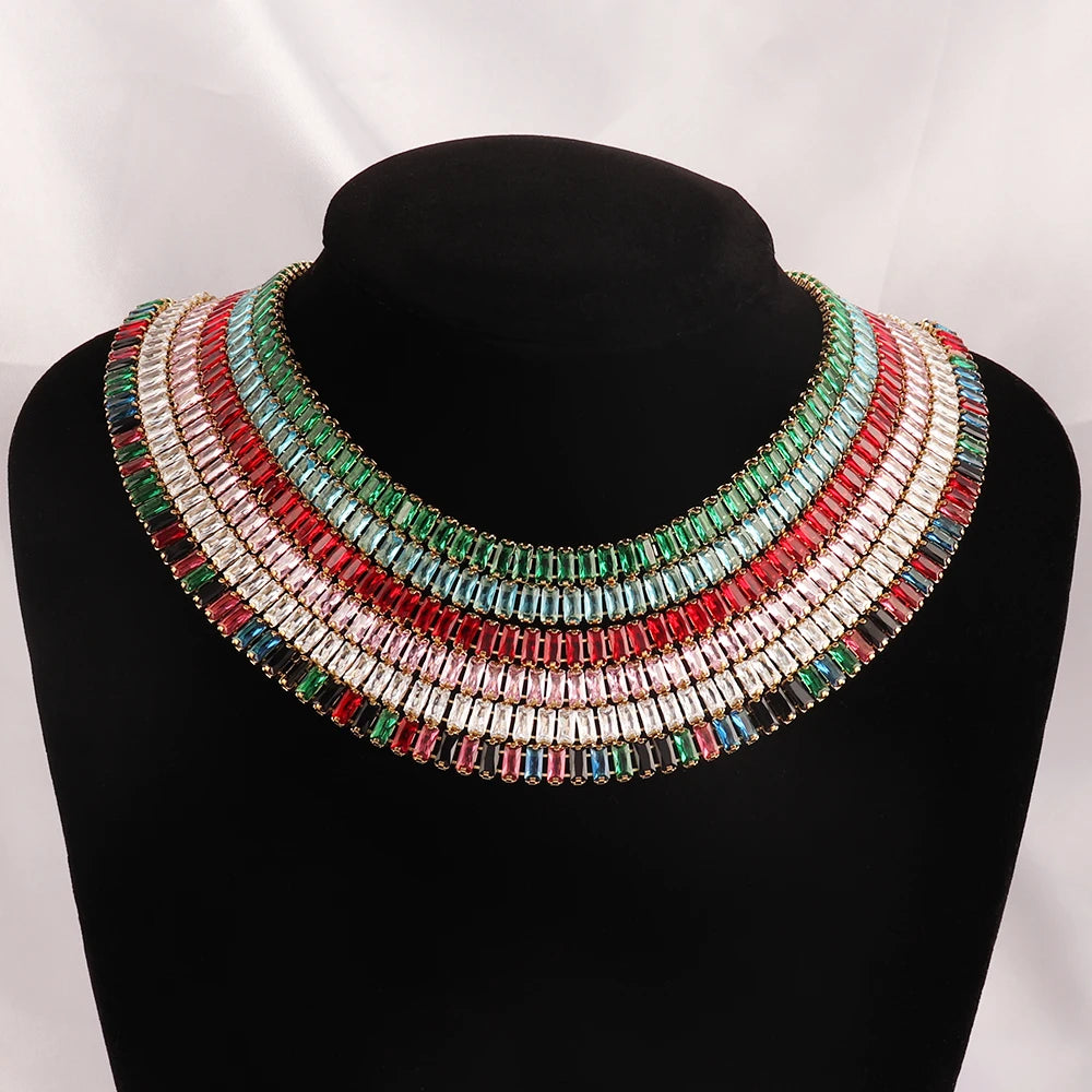 Stainless Steel Necklace Shiny Crystal White Green Cubic Zircon Choker Necklaces For Women Tennis Chain Necklace Jewelry Gift