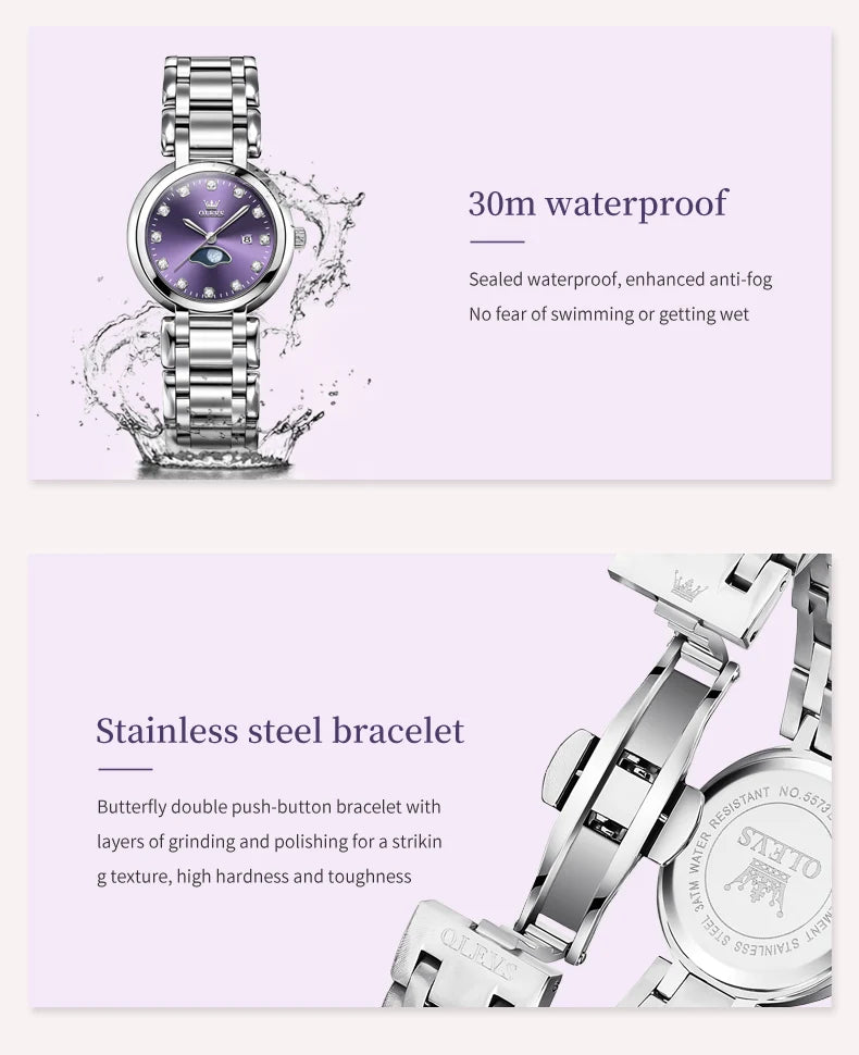 OLEVS Diamond Time Purple Moon Phase Dial Women Watches Luxury Brand New Fashion Women Quartz Watch Steel Waterproof Dress Watch