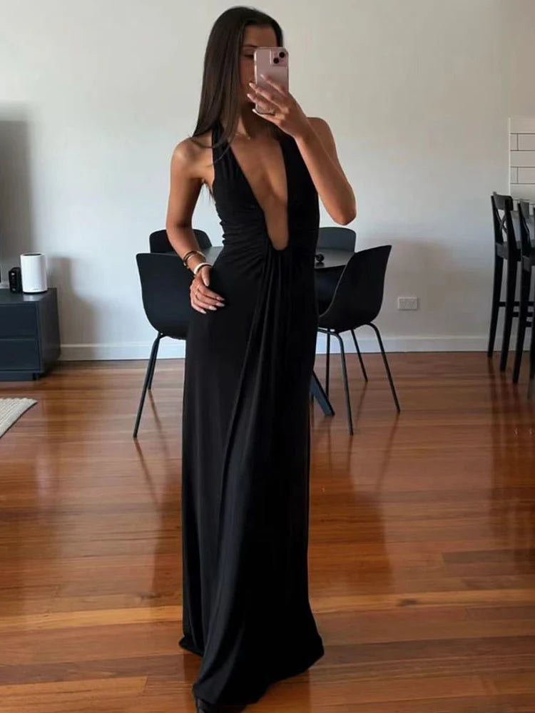 Deep V Neck Halter Long Dress Female Elegant Ruched Ribbon Splice Summer New Vacation Dress Sexy Slim Sleeveless Party Vestido