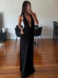 Deep V Neck Halter Long Dress Female Elegant Ruched Ribbon Splice Summer New Vacation Dress Sexy Slim Sleeveless Party Vestido