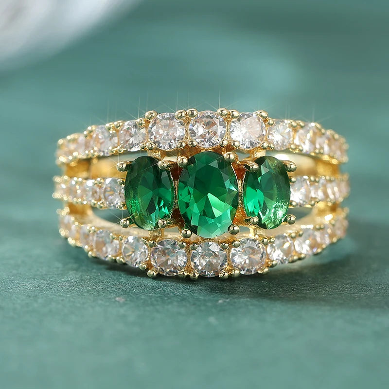 Dazzle Vintage Inlaid Green Synthetic Zirconia Golden Ring for Women Elegant Luxurious Festival Celebration Jewelry Accessories