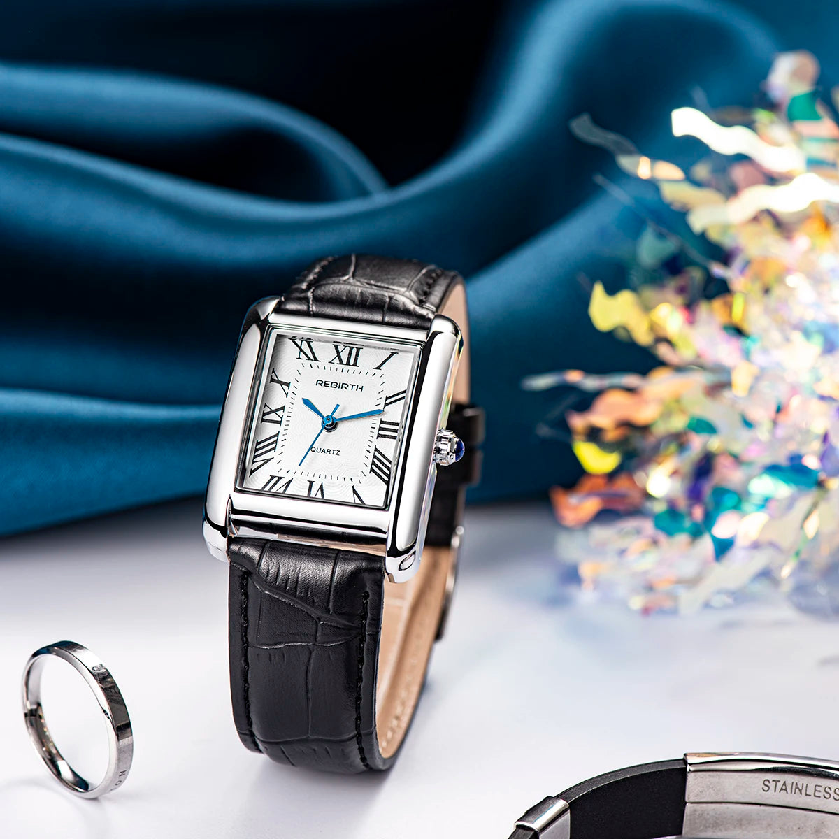 Rebirth 002 Elegant Mini Light Design Rectangle Dial Water Resistant Quartz Movement Business Women Analog Wrist Watch Gift