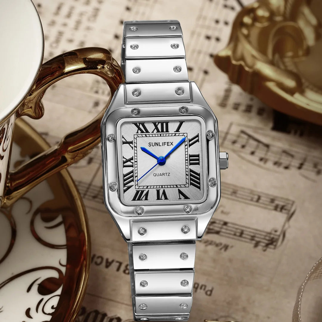 Ladies Fashion Quartz Watch Simple Square Dial Silver Wristwatch Women Business Stainless Steel Strap Watches Relojes Para Mujer