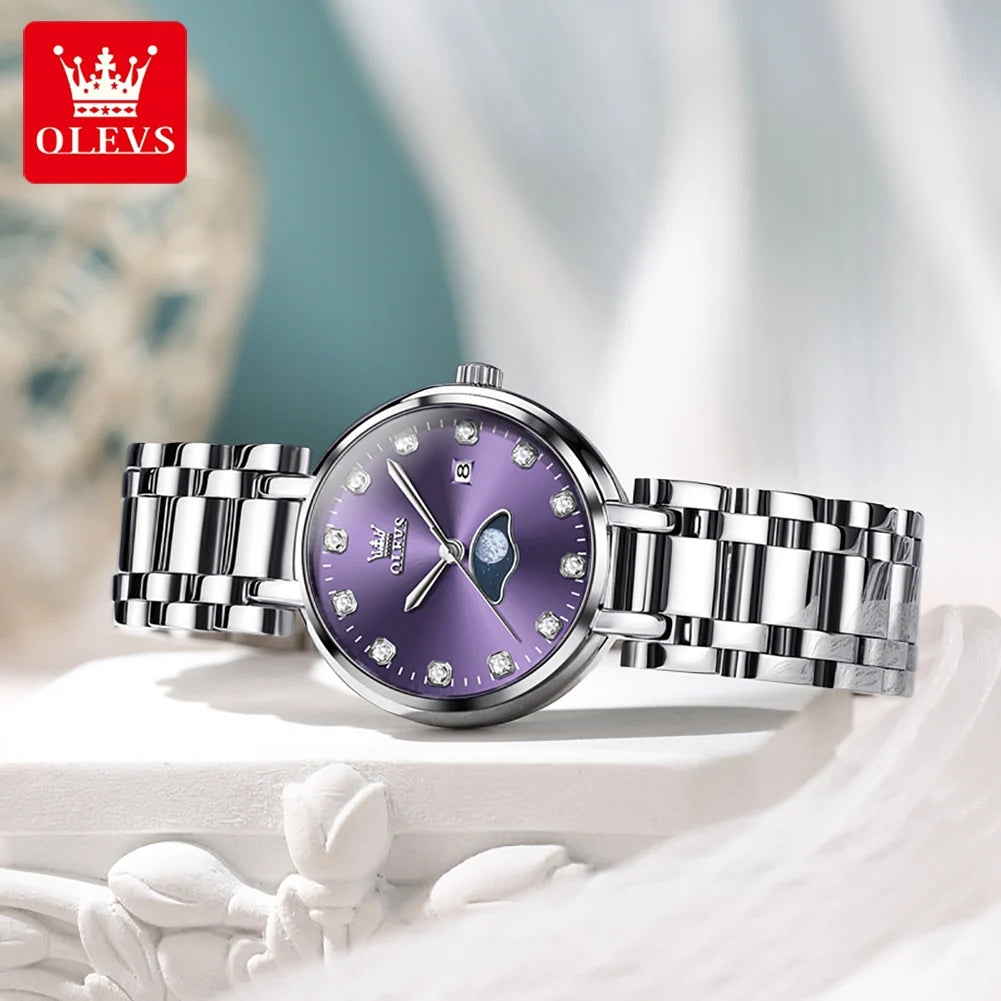 OLEVS Diamond Time Purple Moon Phase Dial Women Watches Luxury Brand New Fashion Women Quartz Watch Steel Waterproof Dress Watch