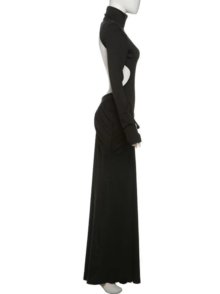 kliou Shirring Sheath Women Maxi Dresses High Street Classic Full Sleeve Straight Shoulder Backless Vestidos Mujer Evening Wear