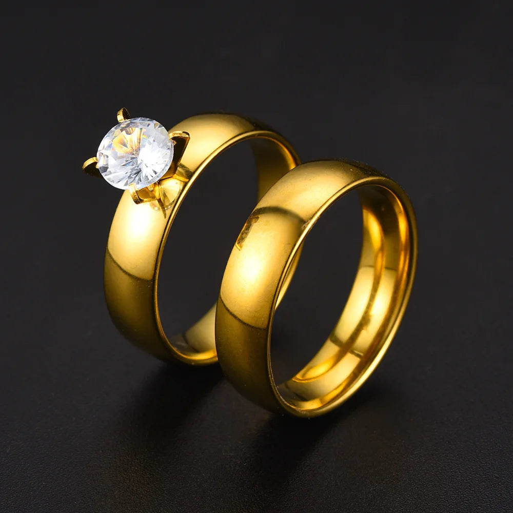 New Style Fashion Gold Plated Zircon Stainless Steel Couple Rings For Women Men Engagement Ring Valentine Day Gift Size 6-12