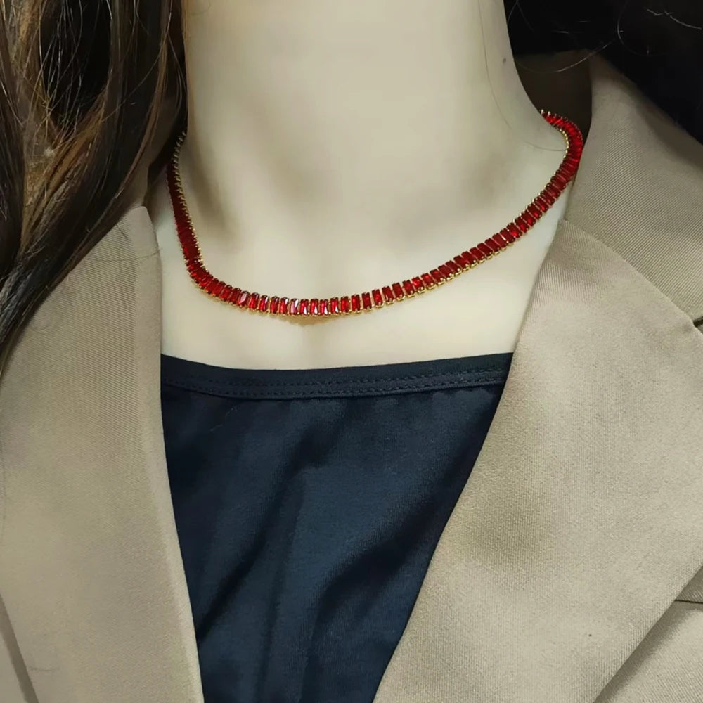 Stainless Steel Necklace Shiny Crystal White Green Cubic Zircon Choker Necklaces For Women Tennis Chain Necklace Jewelry Gift