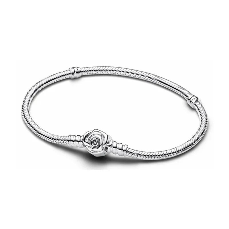 925 Silver original 17-21CM Pearl Heart-Shaped Hard Ring Square Buckle Round Bracelet Fit for DIY Mini Birthday Jewelry Gifts