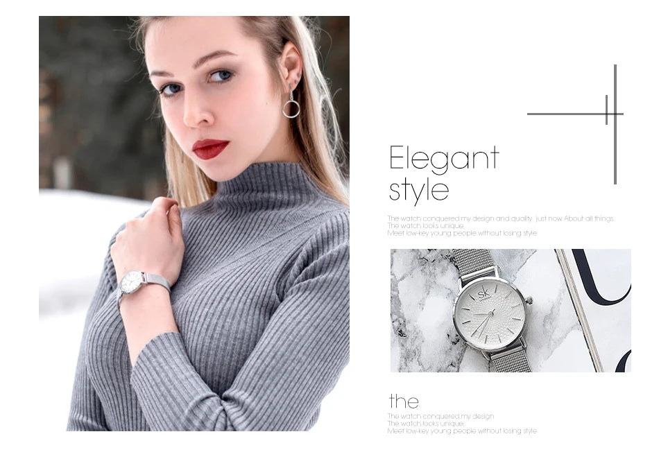 SK Super Slim Sliver Mesh Stainless Steel Ladies Watches Women Top Brand Luxury Casual Clock Waterproof Wristwatch for Women