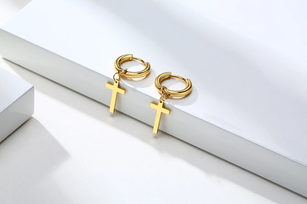 Dainty Minimalist Gold Color Dangling Cross Shaped Charm Huggie Pierced Hoop Earrings For Guy Men Women Jewelry