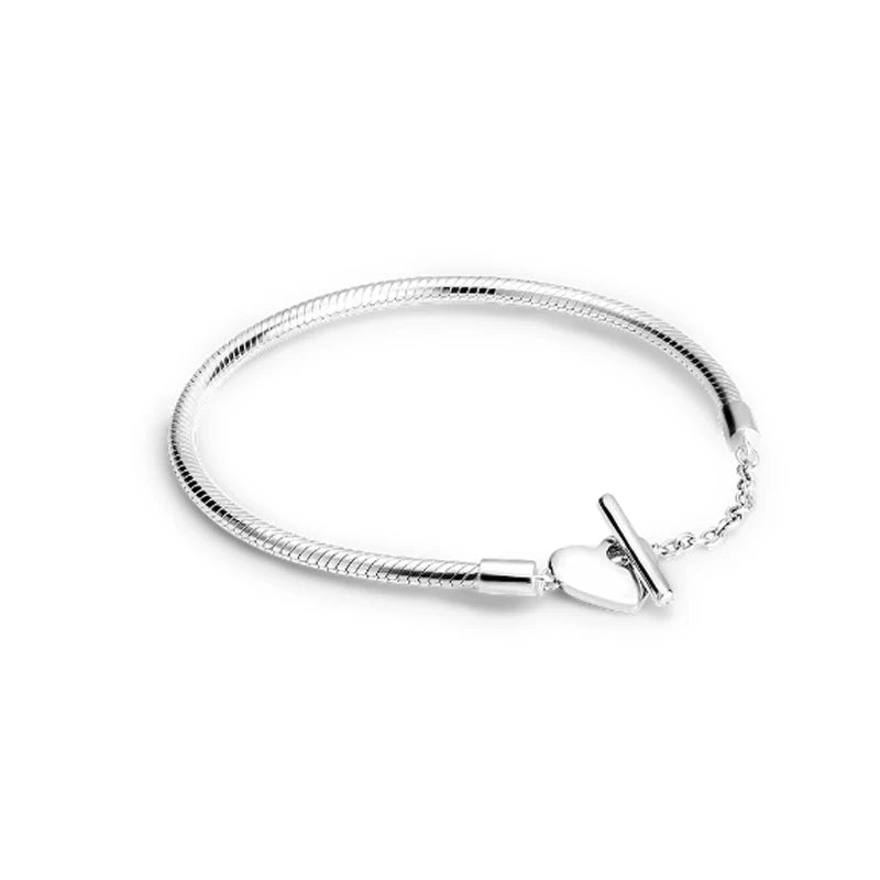 925 Silver original 17-21CM Pearl Heart-Shaped Hard Ring Square Buckle Round Bracelet Fit for DIY Mini Birthday Jewelry Gifts
