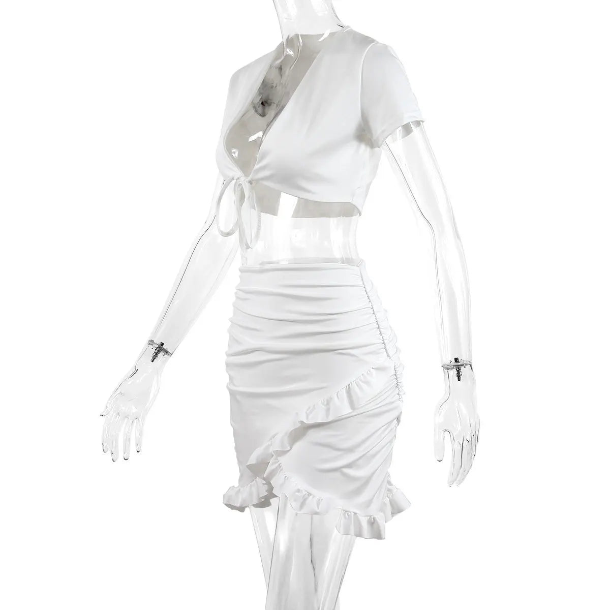 Sexy Deep V Neck Lace Up Short Sleeve Two Piece Women's Summer 2026 Ruffled Pleated Prom Bodycon Dress for Women Nightclub Dress