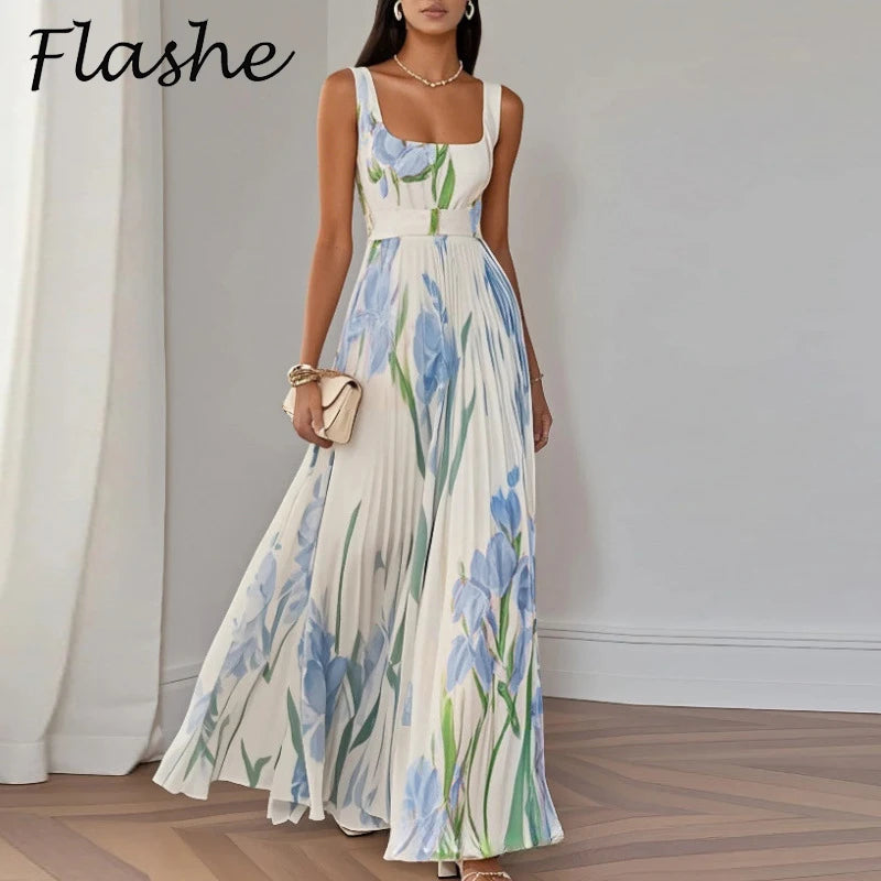 Summer Floral Print Dress Women Elegant Sleeveless Sexy High Waist Sling Long Dresses For Women Off Shoulder Beach Holiday Dress