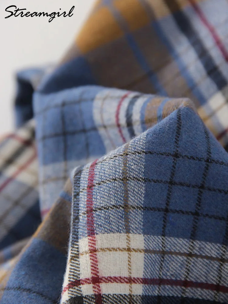 Streamgirl Oversized Plaid Shirt Women 2026 Spring Loose Vintage Long Shirts Full Sleeve Women Plaid Brown Oversized Shirt Blue