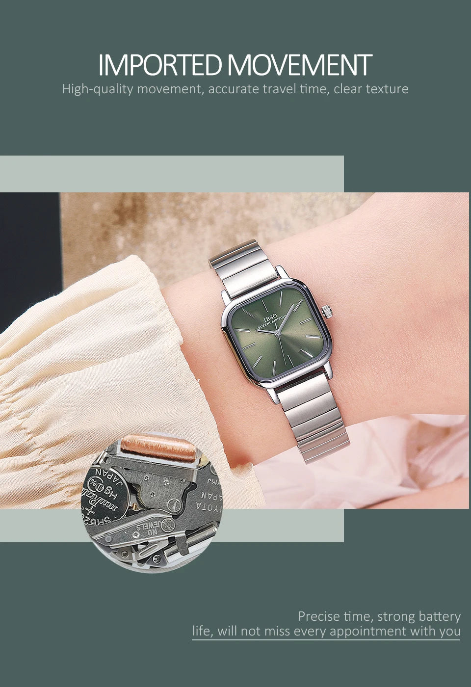 IBSO 2022 New Women Quartz Watches Waterproof Japanese Movement Stainless Steel Strap Square Dial Elegant Female Wristwatches