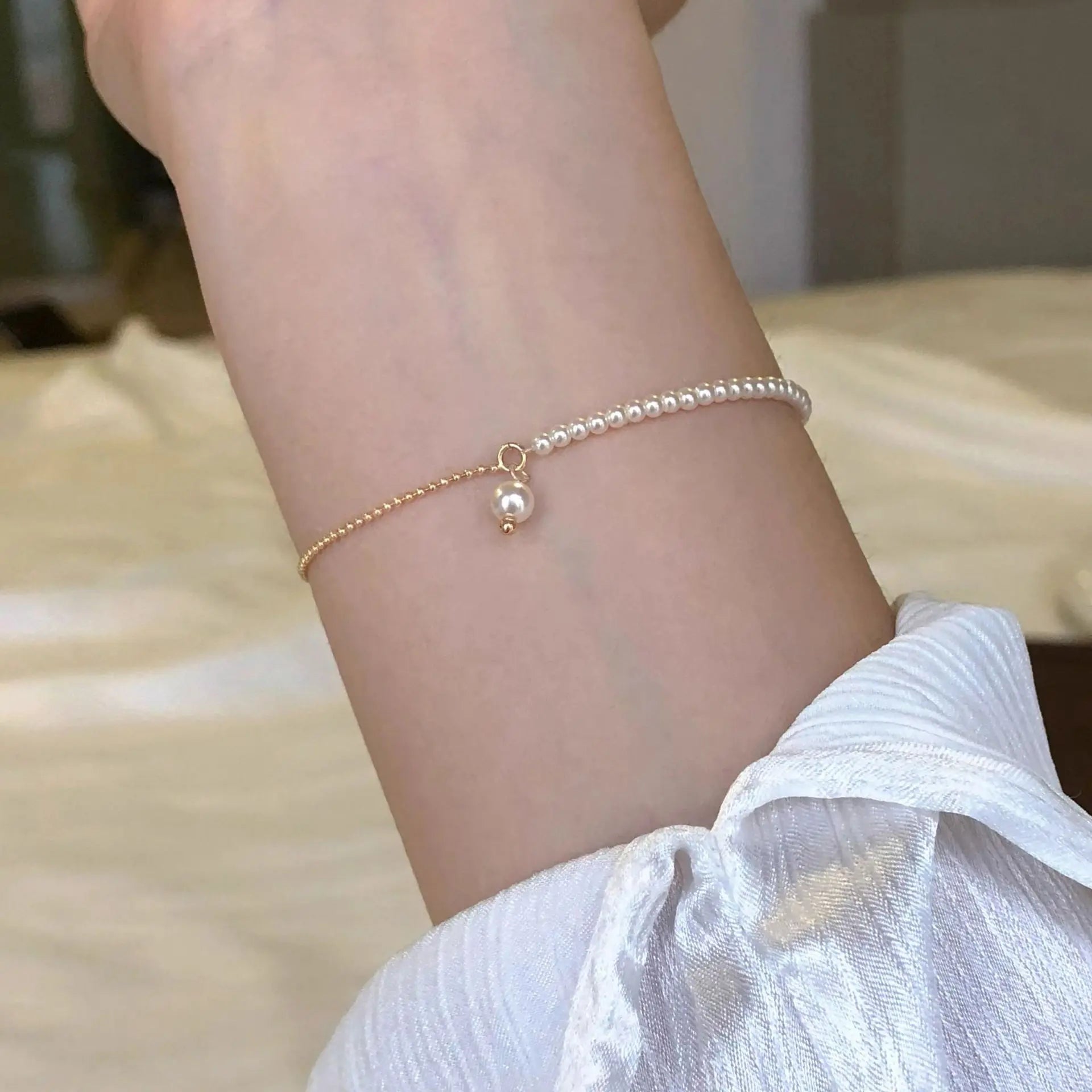 PANJBJ 925 Sterling Silver Pearl Bracelet for Women Asymmetric Hollow Out Geometry Sweet Grace Jewelry Gift Dropshipping