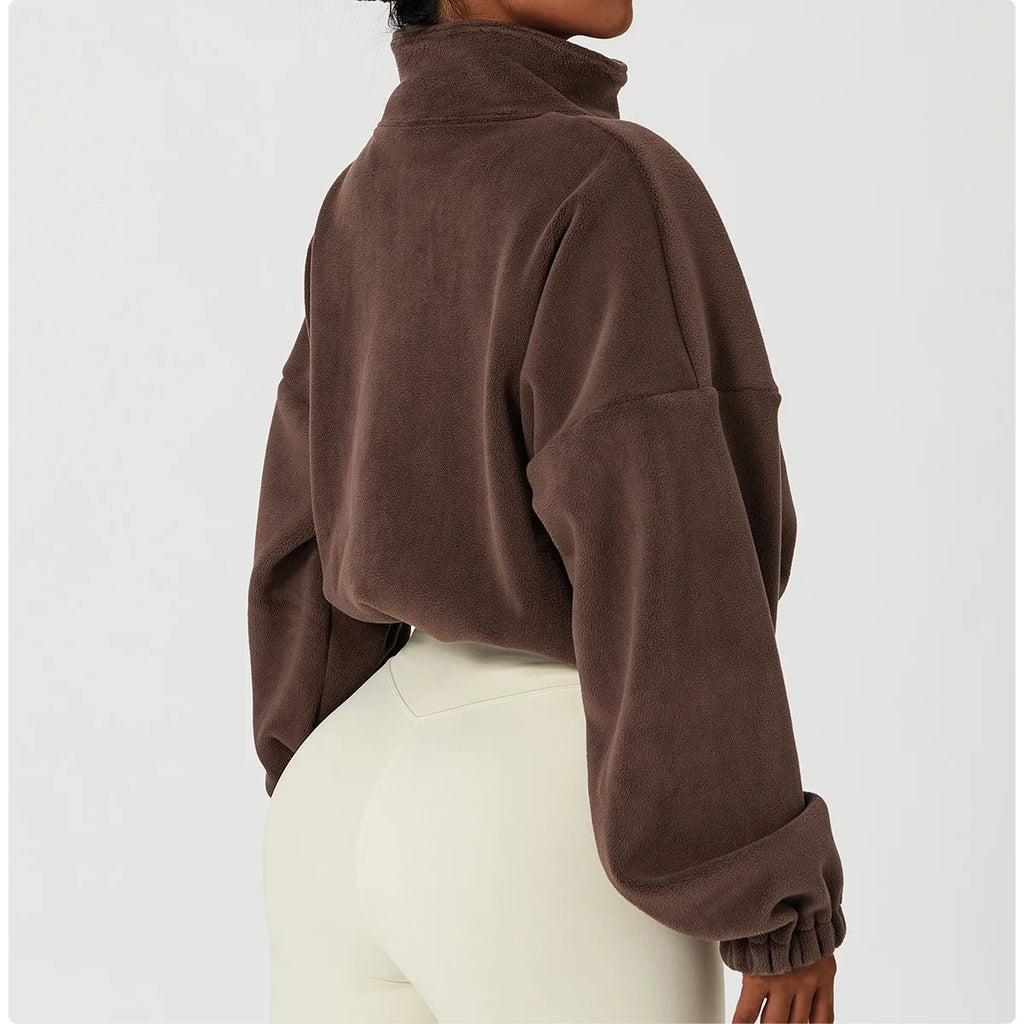 Women's Polar Fleece Zip Hoodie Athletic Loose Fit Crop Top w/ Stand Collar, Thumb Holes & Drawstring Hem for Fall Winter