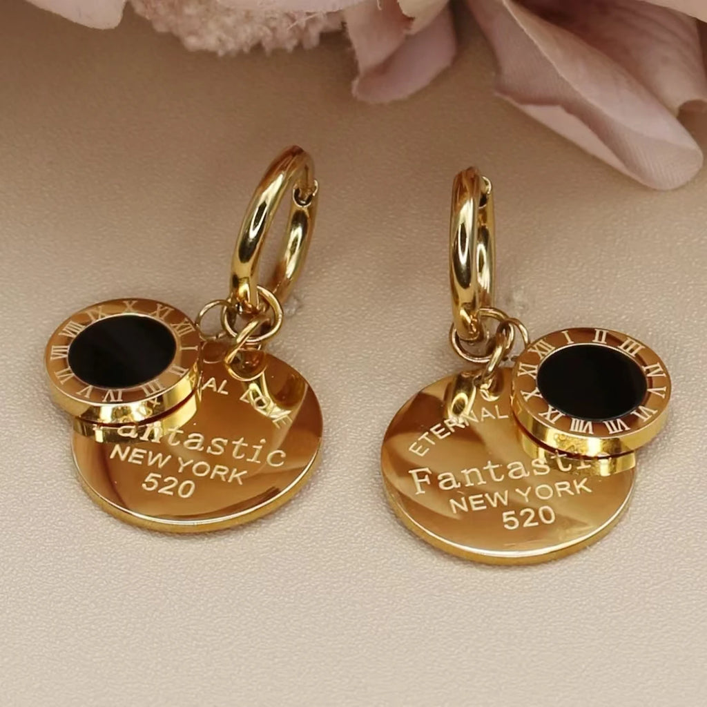 XE-193 New Roman Numeral Medallion Design FOREVER LOVE Stainless Steel Ladies' Jewellery Earrings Gift Wholesale