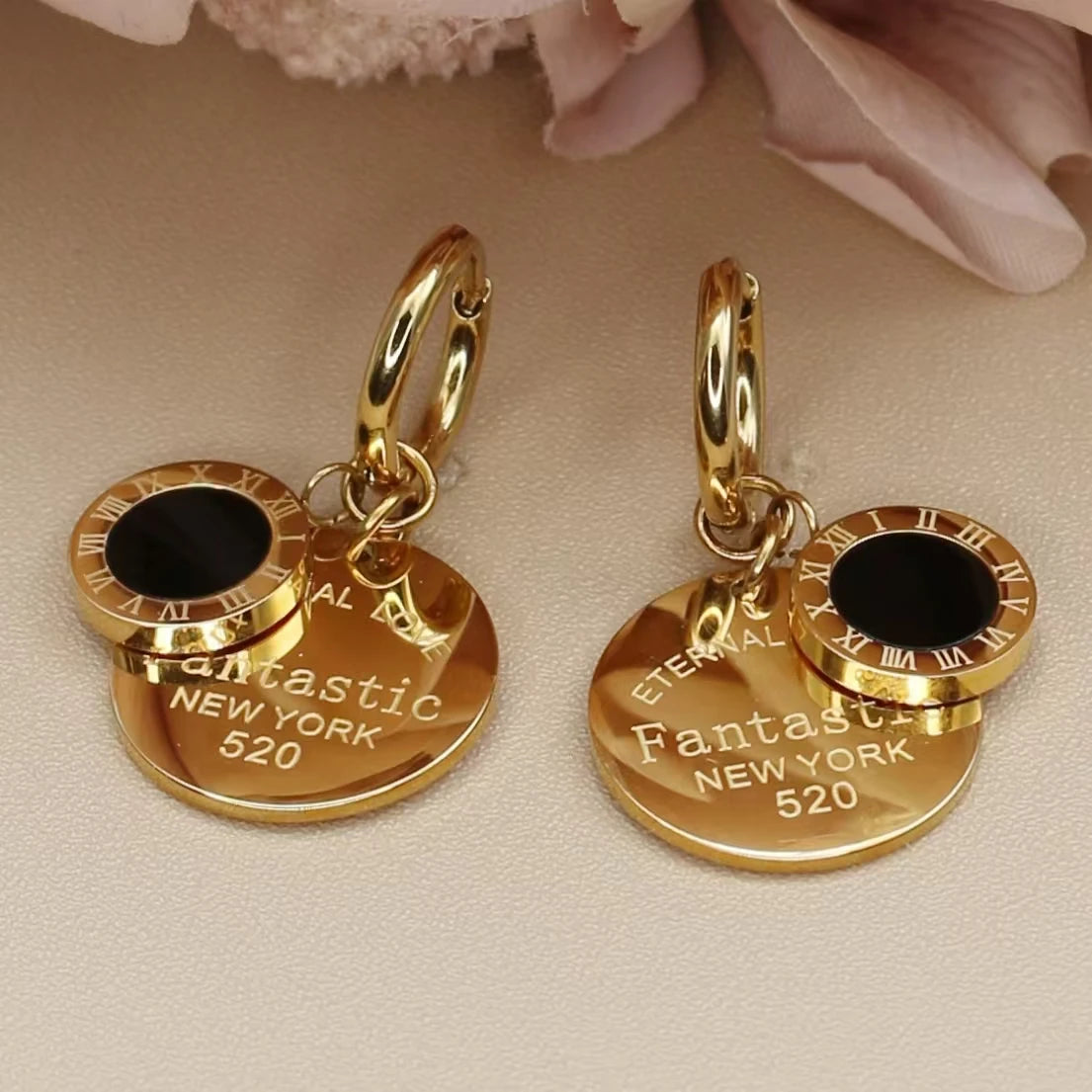 XE-193 New Roman Numeral Medallion Design FOREVER LOVE Stainless Steel Ladies' Jewellery Earrings Gift Wholesale