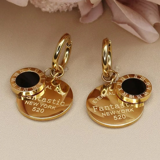 XE-193 New Roman Numeral Medallion Design FOREVER LOVE Stainless Steel Ladies' Jewellery Earrings Gift Wholesale