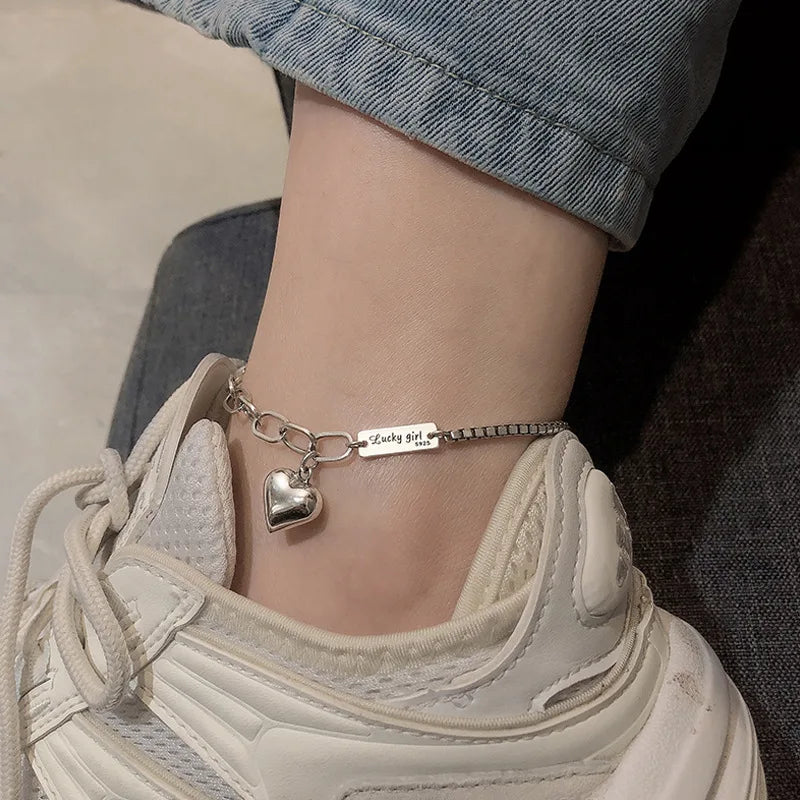New 925 Sterling Silver Heart-Shaped Anklet Personality Charm Geometric Shape Anklet Birthday Gift for Women Exquisite Jewelry