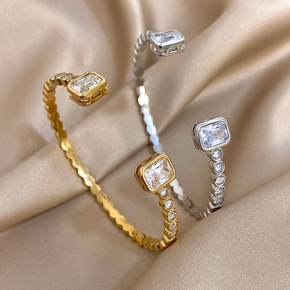 Luxury Micro Inlaid Zircon Stainless Steel Bracelet for Women Fashion Shiny Gold Silver Color Open Bangle Bracelets Jewelry Gift