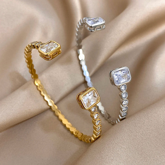 Luxury Micro Inlaid Zircon Stainless Steel Bracelet for Women Fashion Shiny Gold Silver Color Open Bangle Bracelets Jewelry Gift