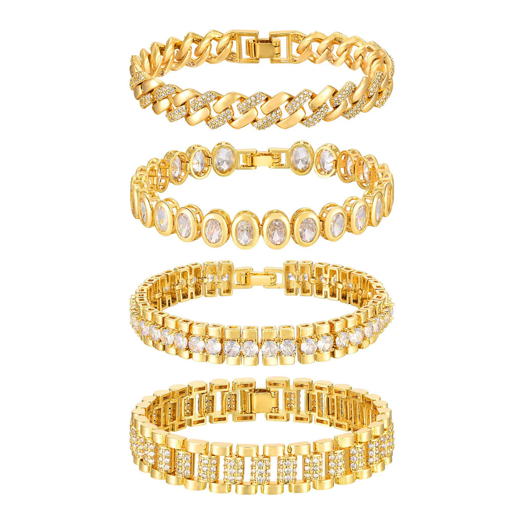 Paperclip Chain Bracelet 14K Gold Plated Cubic Zirconia Watch Strap Chunky Link Adjustable Stackable Jewelry For Women Girl Gift