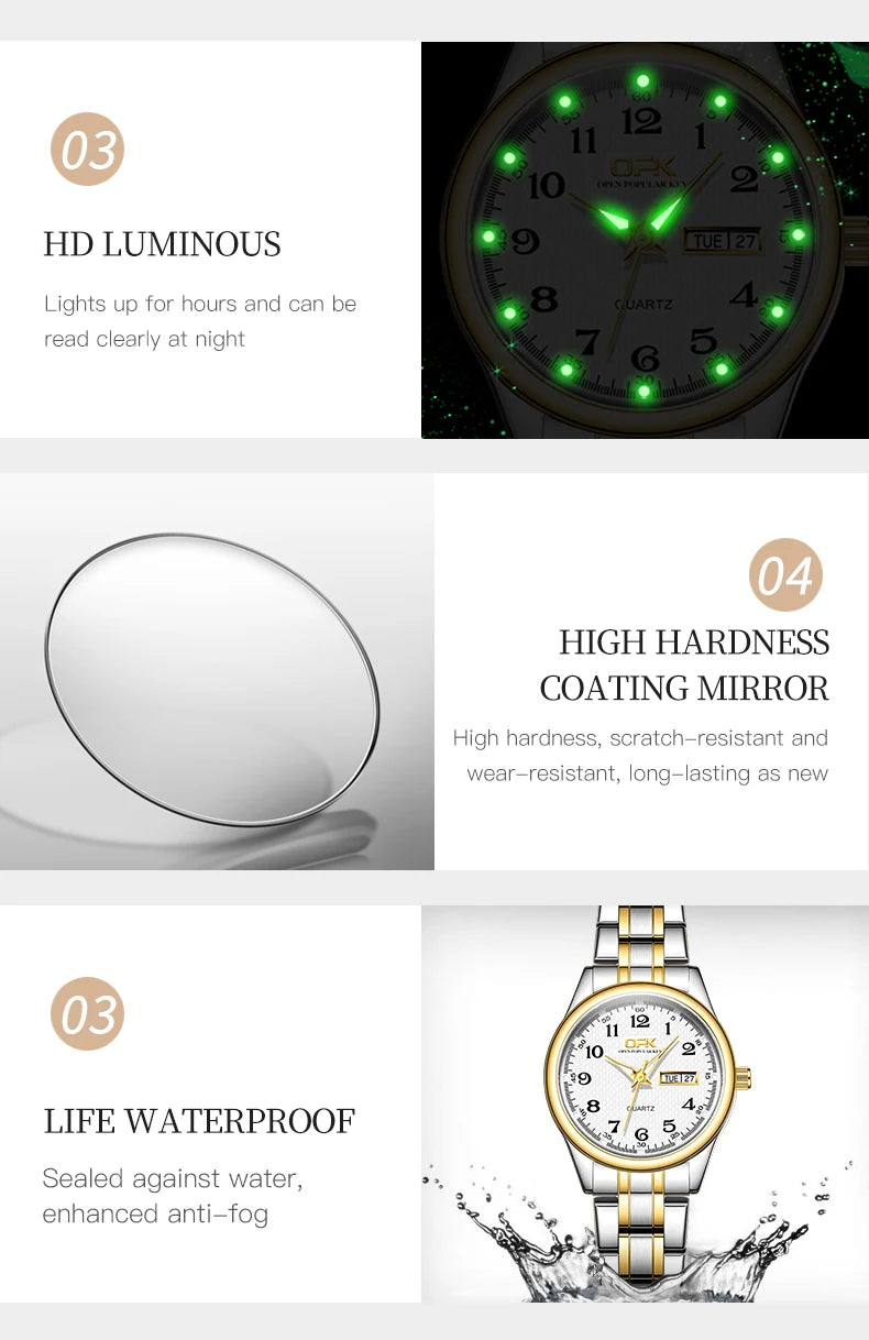 OPK 8110 Ladies Watch Classic Simple Brand Quartz Watch Stainless Steel Strap Watch For Women Waterproof Luminous Day-Date Watch