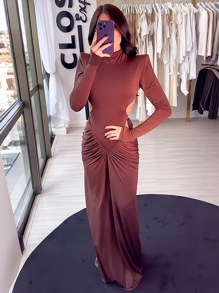 kliou Shirring Sheath Women Maxi Dresses High Street Classic Full Sleeve Straight Shoulder Backless Vestidos Mujer Evening Wear