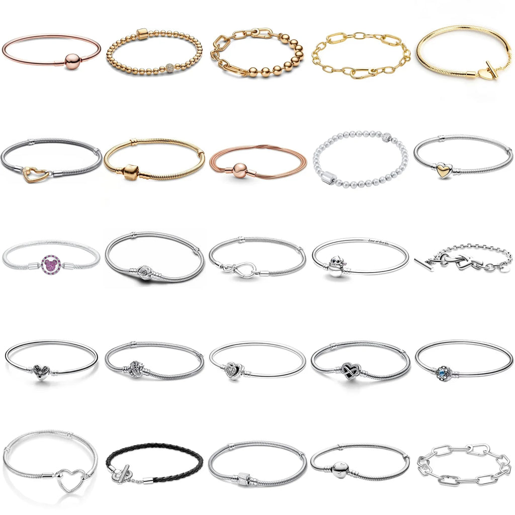 925 Silver original 17-21CM Pearl Heart-Shaped Hard Ring Square Buckle Round Bracelet Fit for DIY Mini Birthday Jewelry Gifts