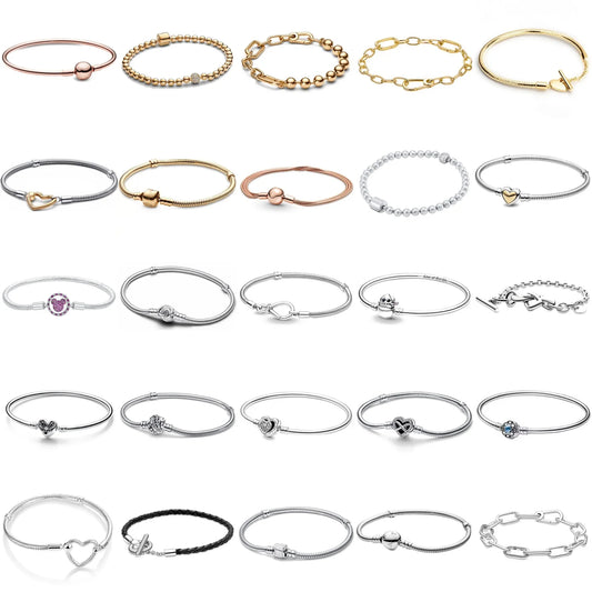 925 Silver original 17-21CM Pearl Heart-Shaped Hard Ring Square Buckle Round Bracelet Fit for DIY Mini Birthday Jewelry Gifts