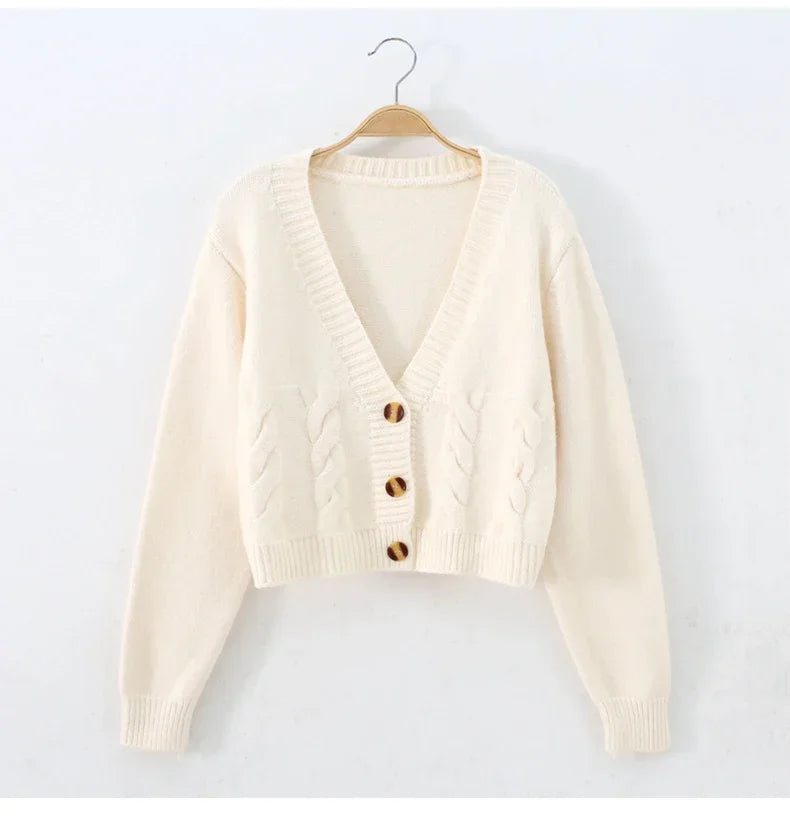 2025 V Neck Cropped Cardigan Women Long Sleeve Twist Knitted Sweater Coats Autumn Winter Keep Warm Korean Fashion Cardigan