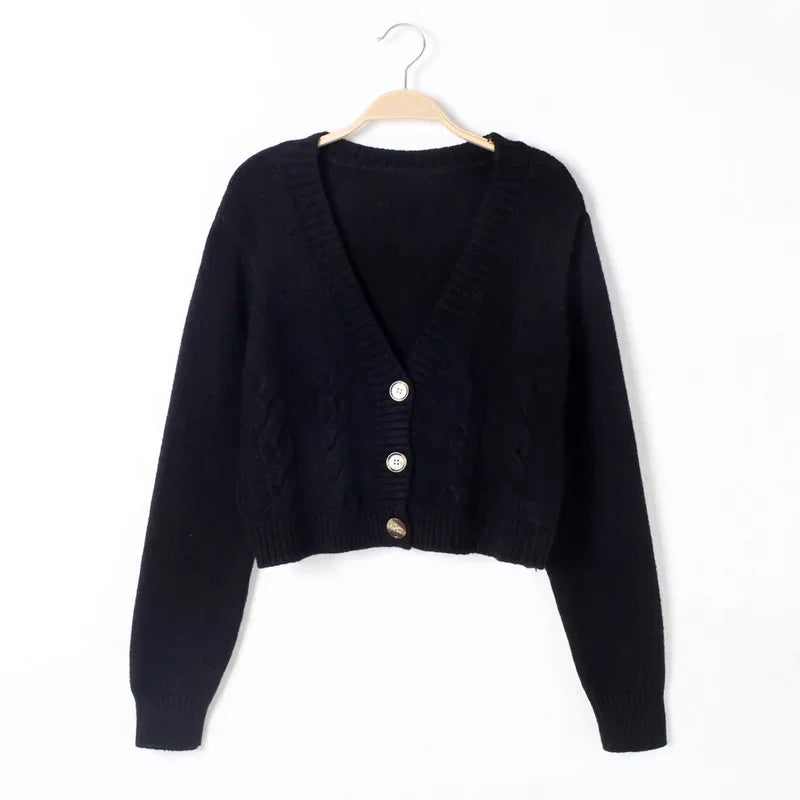 2025 V Neck Cropped Cardigan Women Long Sleeve Twist Knitted Sweater Coats Autumn Winter Keep Warm Korean Fashion Cardigan