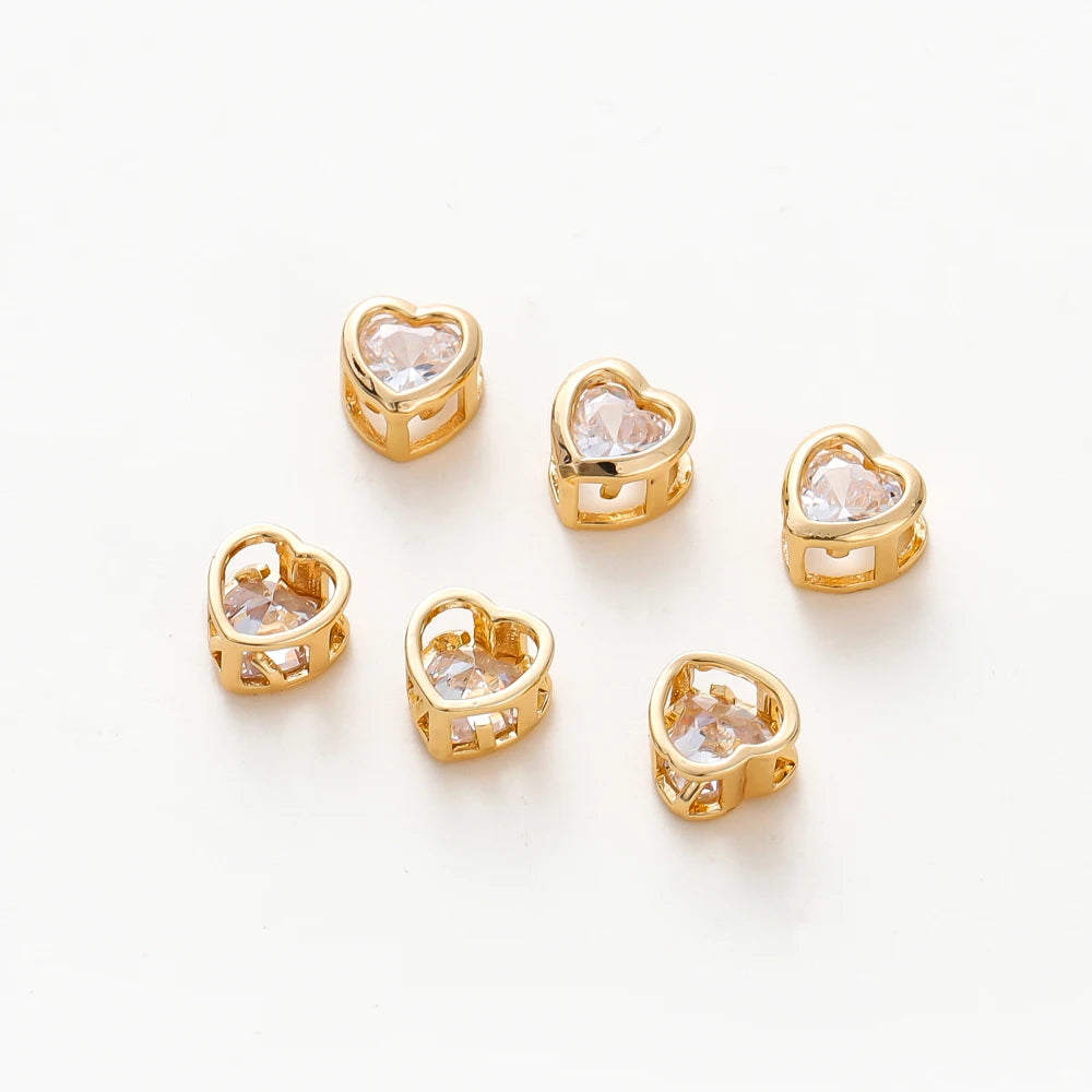 2/4/6pcs 18K Gold Plated Rhinestone Heart Pentagram Beads Brass Metal Cubic Zirconia Spacer Beads DIY Jewelry Making Accessories