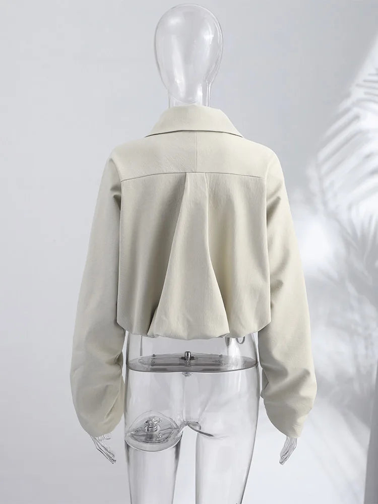 Women Coat Lapel Collar Ruched Jacket Beige Drawstring Top Button Front Lightweight Crop Outerwear Spring Outfit Woman Clothes