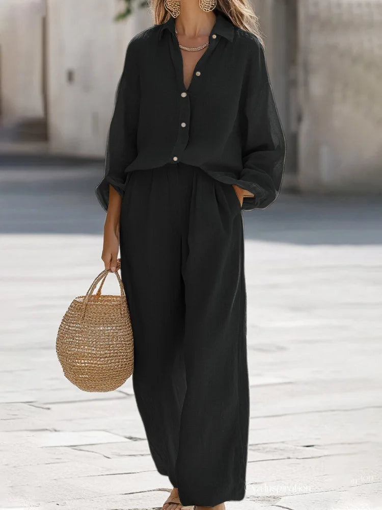 Lady Cotton Linen Shirt Pants Suits Casual Two Piece Set For Women 2025 Autumn Long Sleeve Top And Wide Leg Pants Loose Outfits