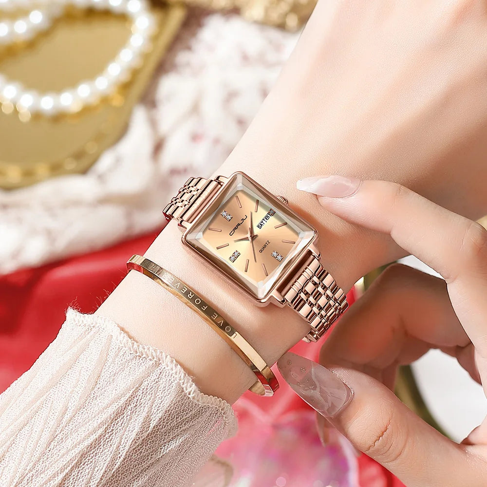 CRRJU Waterproof Women's Square Quartz Dress Watch Ladies Steel Bracelet Wristwatch with Date Relogio Feminin