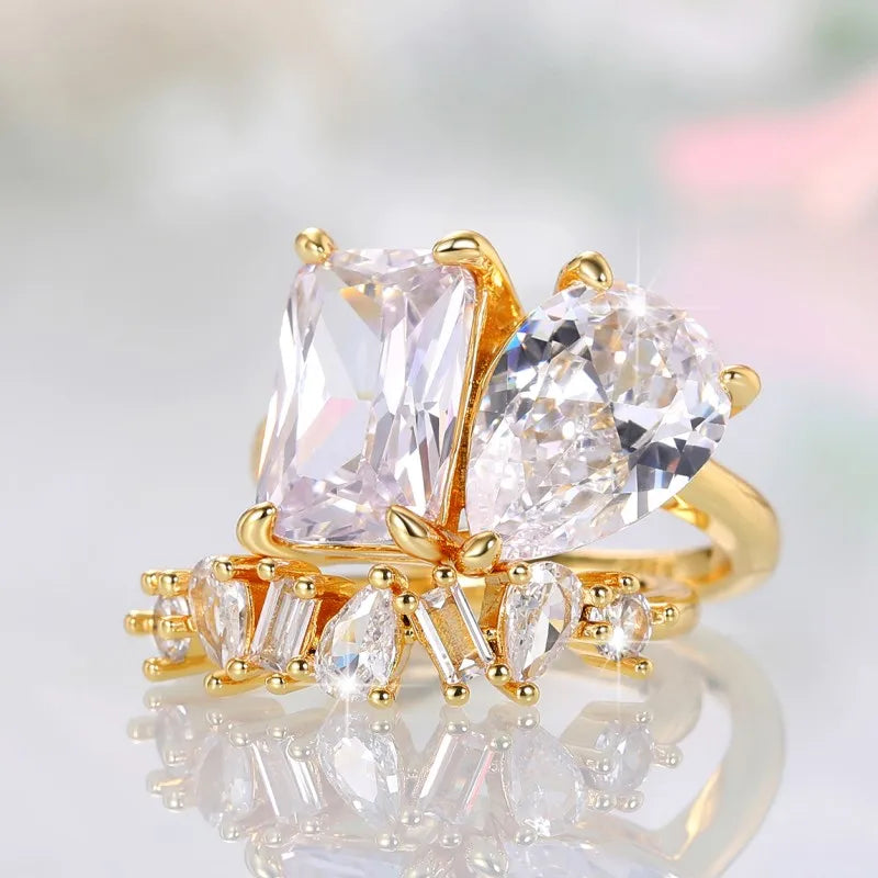 Huitan Waterdrop Rectangle Cubic Zircon Set Rings for Women Gold Color 2023 New Wedding Party Accessories Fashion Female Jewelry
