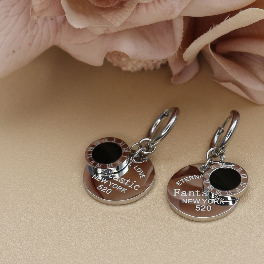 XE-193 New Roman Numeral Medallion Design FOREVER LOVE Stainless Steel Ladies' Jewellery Earrings Gift Wholesale