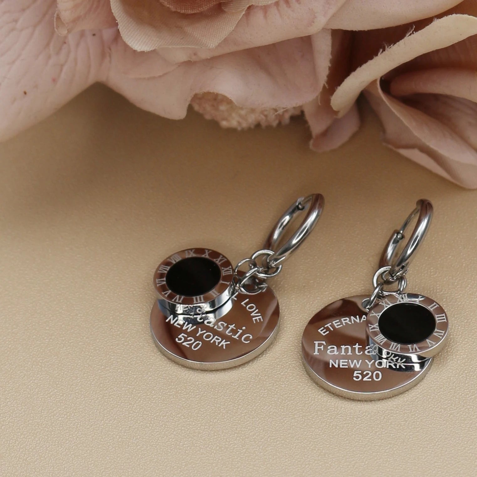 XE-193 New Roman Numeral Medallion Design FOREVER LOVE Stainless Steel Ladies' Jewellery Earrings Gift Wholesale
