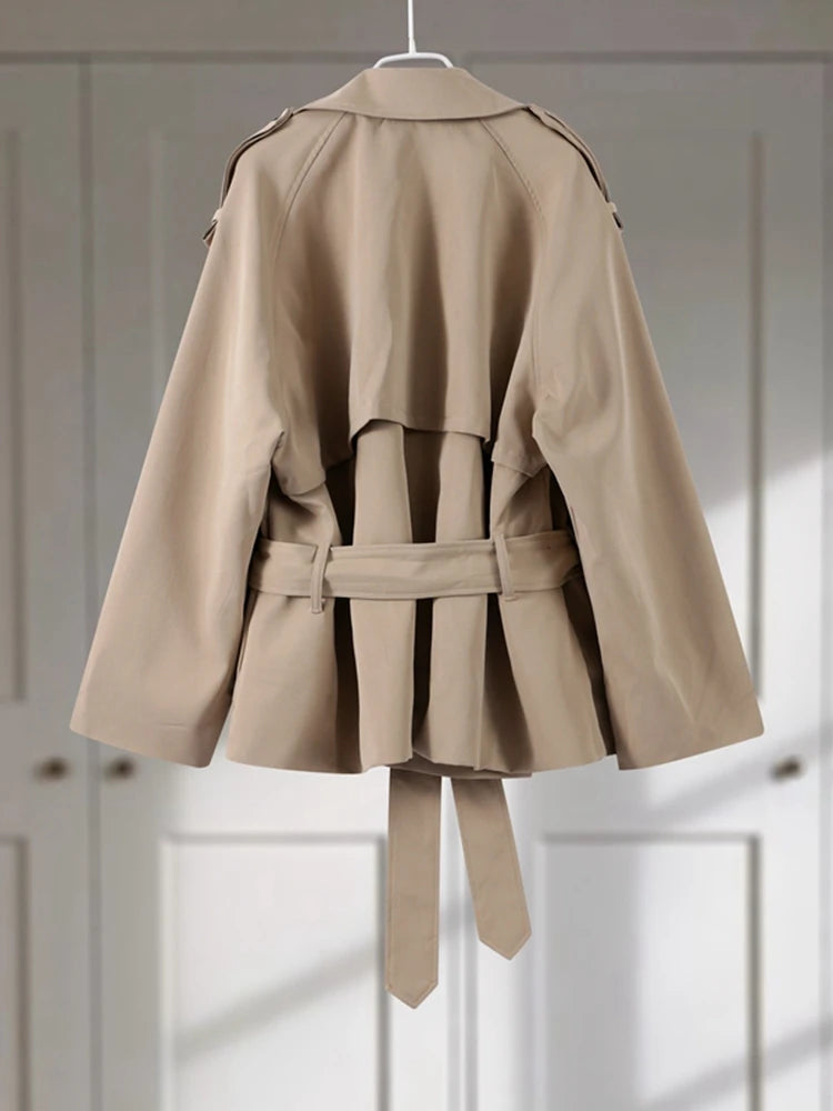 Casual Loose Jackets Women Lapel Long Sleeves Belt Double Breasted Short Windbreaker 2025 Spring Fashion Chic Streetwears Lady