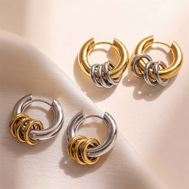 Stainless Steel Three Ring Huggie Earrings for Women Gold Plated Metal Geometric Round Circle Hoop Earrings Minimalist Jewelry